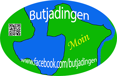 Bunter Auschnitt einer gezeichneten Karte mit Schriftzug des Links zum Facebook Auftritt von Butjadingen und der Begrüßung 'Moin'